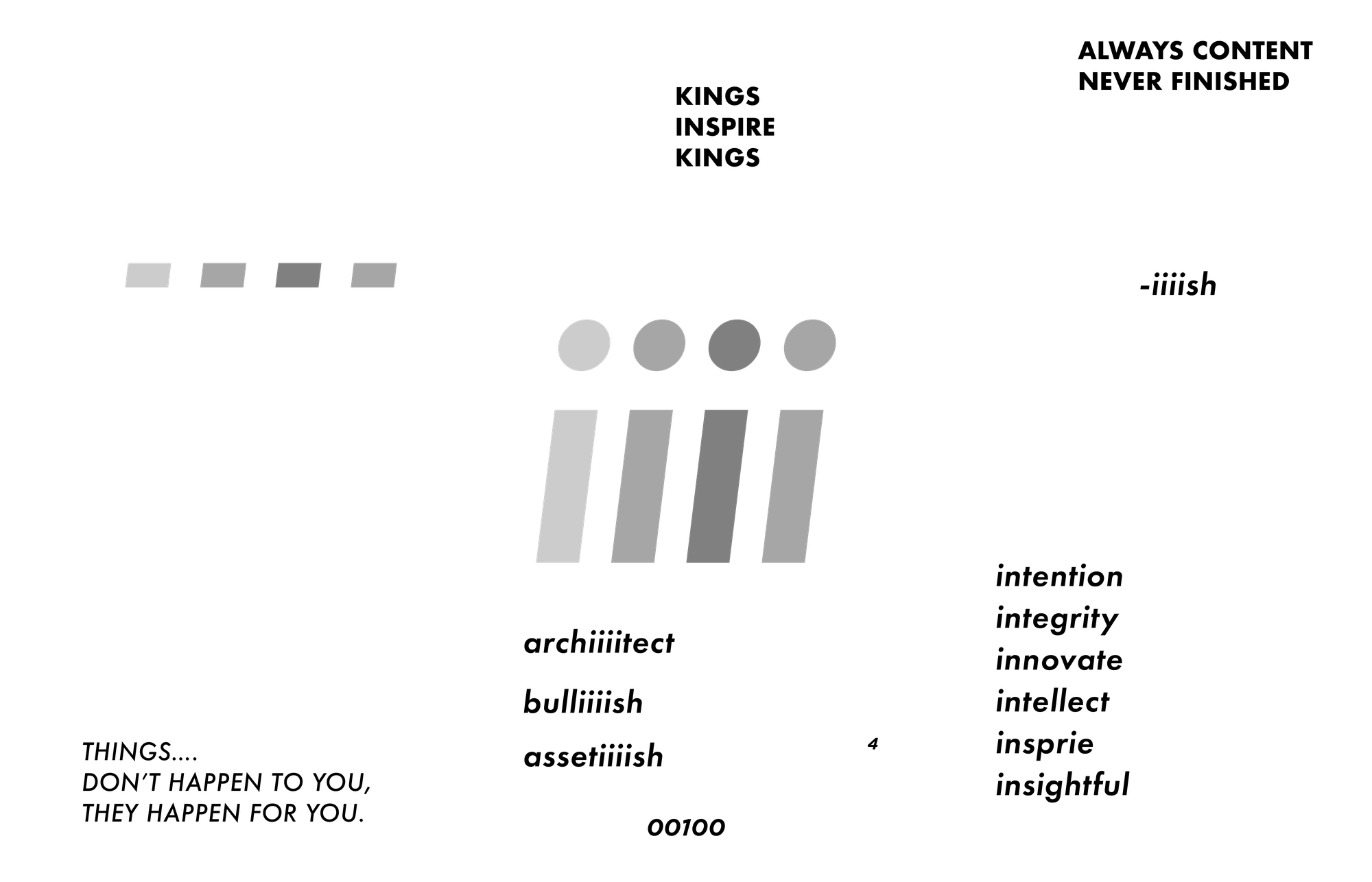 An early brand artboard: the iiii mark as four dots over four bars, the lines KINGS INSPIRE KINGS and ALWAYS CONTENT NEVER FINISHED, wordplay like archiiiitect and bulliiiish, the number four written 00100 in binary, a column of i-values, and the note things don't happen to you, they happen for you.